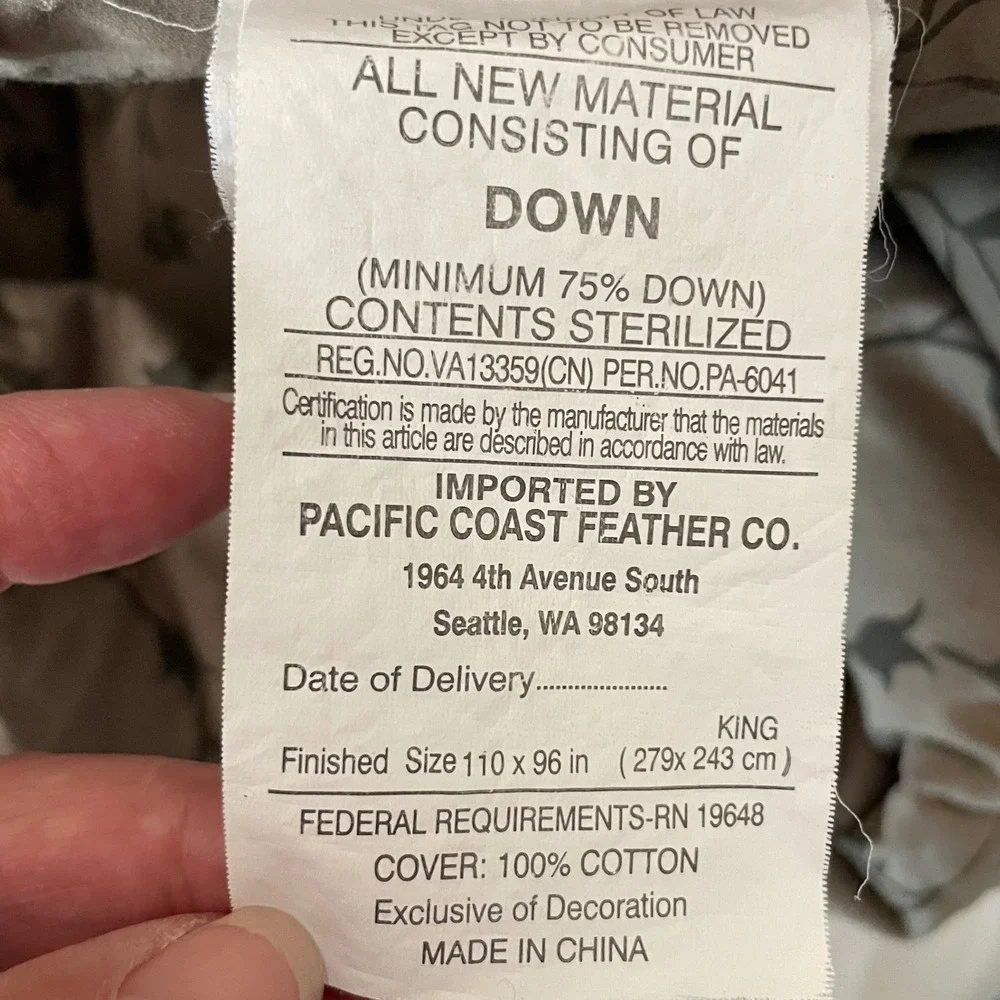Northern Nights Down Comforter King Size Brown Floral Cotton Satin Trim Baffle